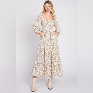 Cream Floral Smocked Long Sleeve Maxi Dress Small